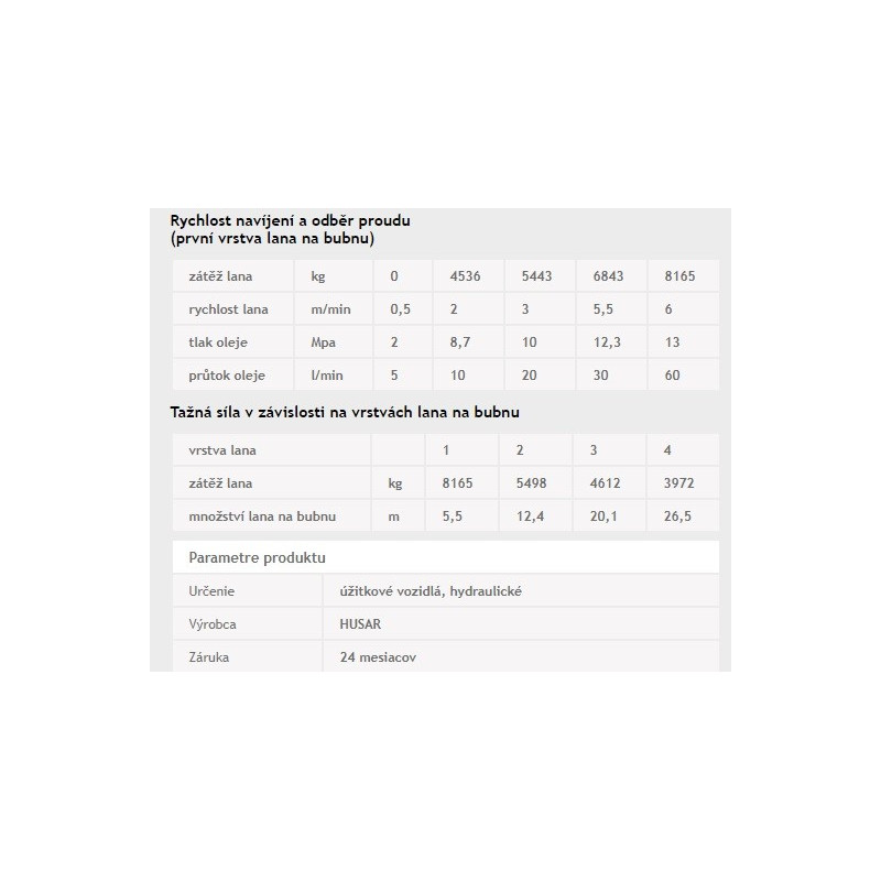 Hydraulický naviják Husarwinch BST Industrial 18000, 24V, oceľové lano